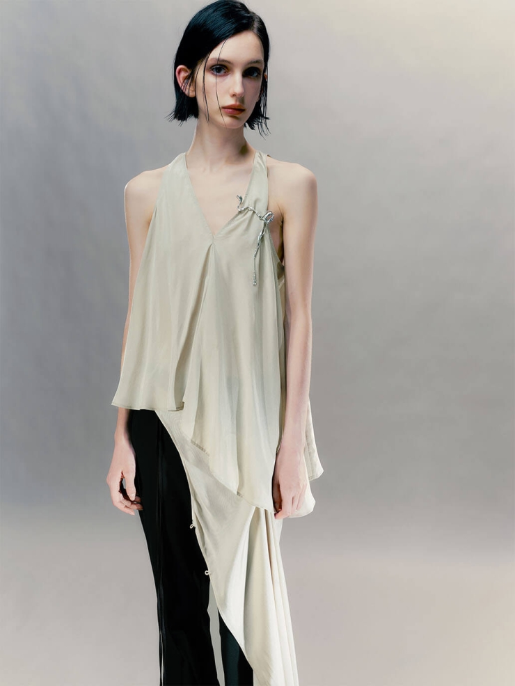 Ash Gray Pendant-Adorned Flared Hem Top