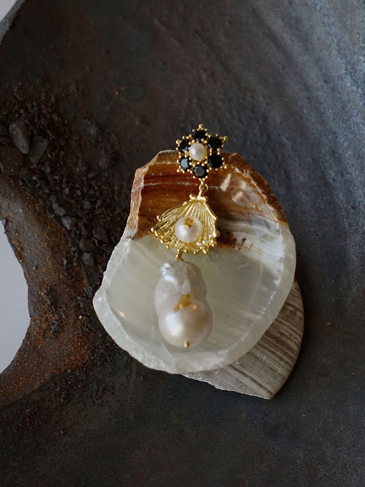 Gold Floral Black Zircon Earrings