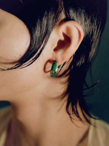 Green Enamel Silver Textured Hoops