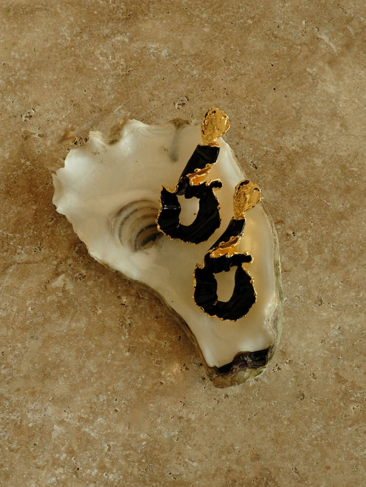 Gold Wave Black Enamel Earrings