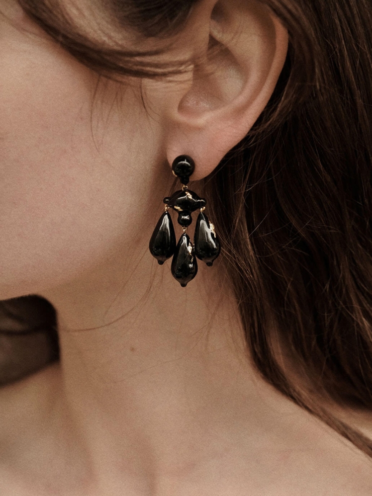 Gold Chandelier Black Enamel Earring