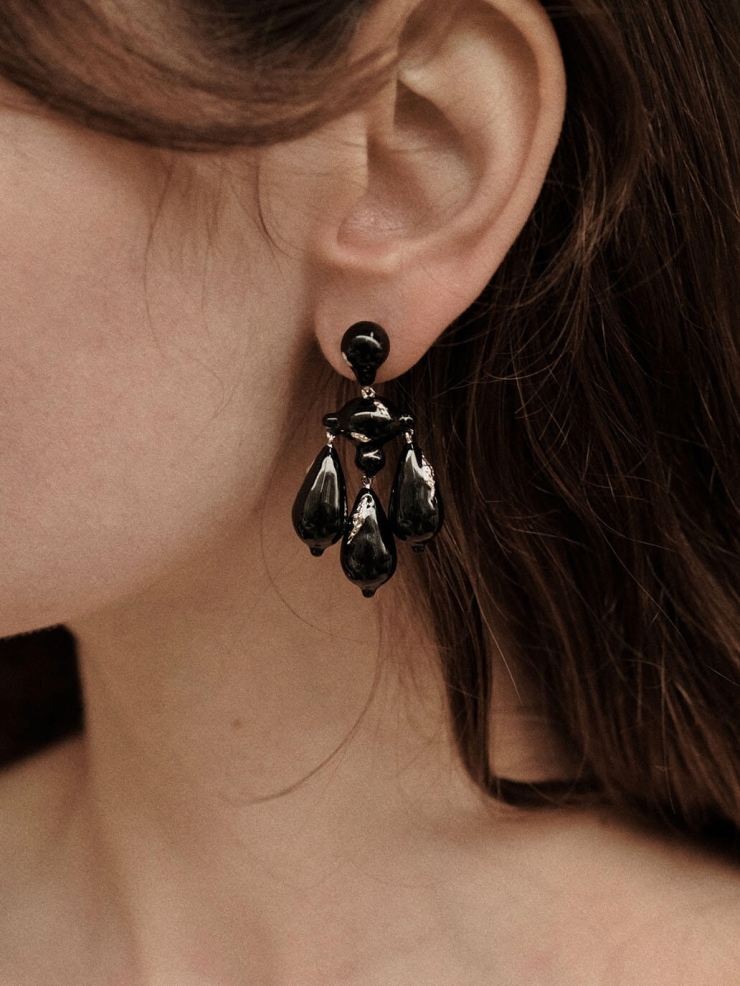Silver Chandelier Black Enamel Earring