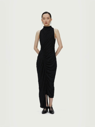 Black Ruched Dress with Fringe Hem