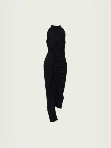 Black Ruched Dress with Fringe Hem