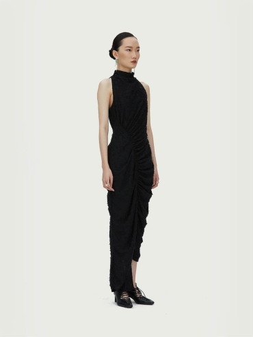 Black Ruched Dress with Fringe Hem