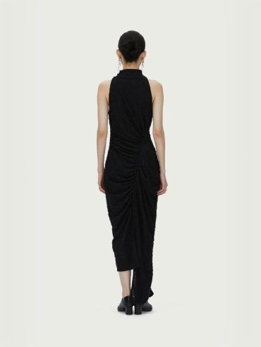 Black Ruched Dress with Fringe Hem