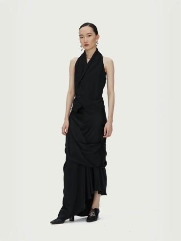 Black Asymmetric Draped Midi Skirt
