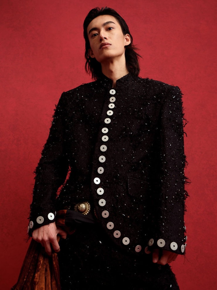 Black Fringed Jacquard Chinese Blazer