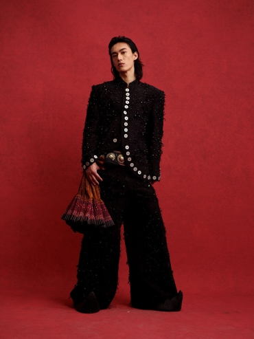 Black Fringed Jacquard Chinese Blazer