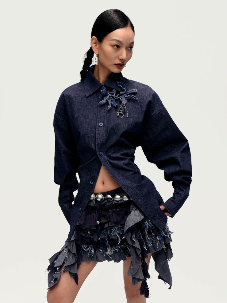 Denim Crochet Lace-Up Shirt