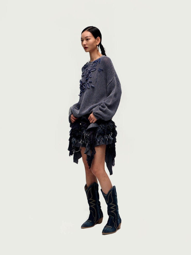 Washed Denim Crochet Knit Sweater