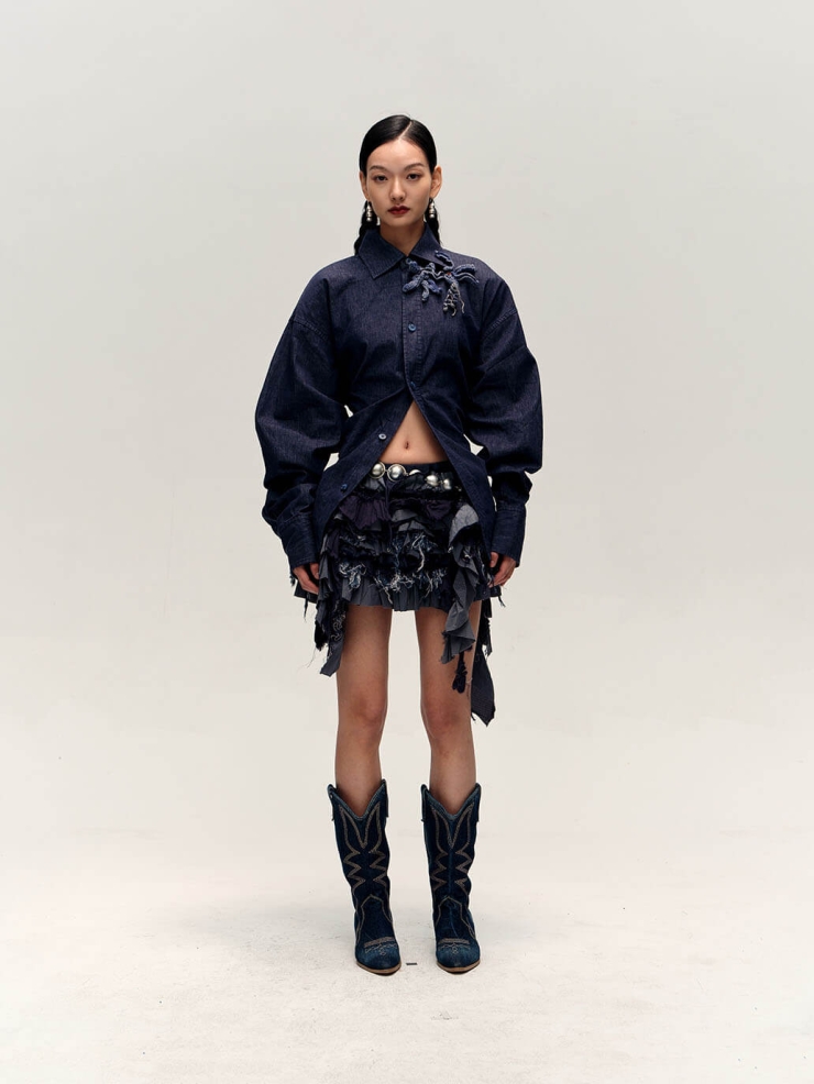 Denim Crochet Lace-Up Shirt