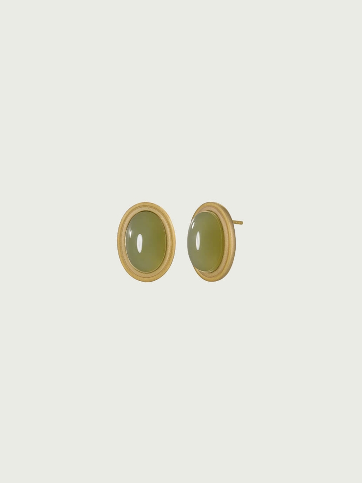 Gold Green Jade Stud Earrings-Large