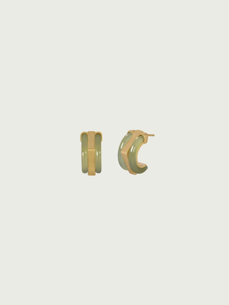 Gold Green Jade Square & Circle Earrings