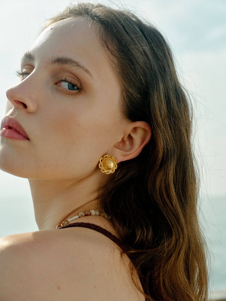 Gold Sunrise Button Stud Earrings