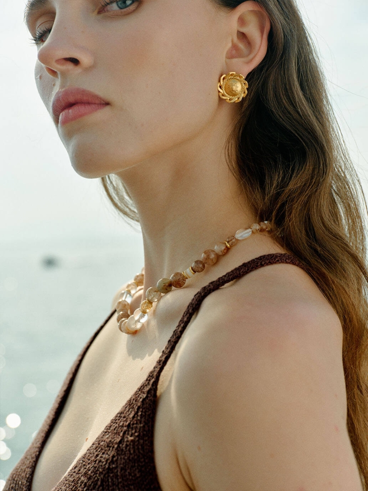 Gold Sunrise Button Stud Earrings