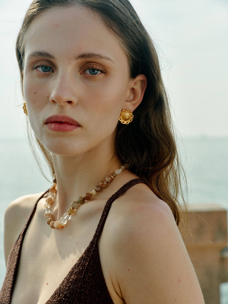 Gold Sunrise Button Stud Earrings
