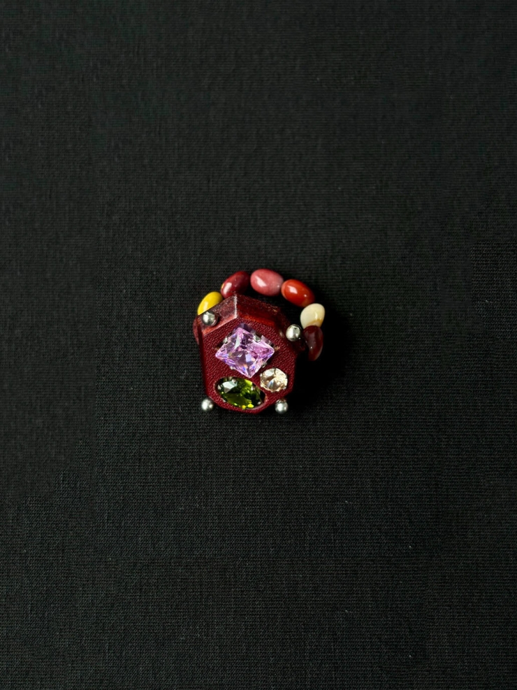 Red Handcrafted Faceted Leather Zircon & Silver Beaded Ring