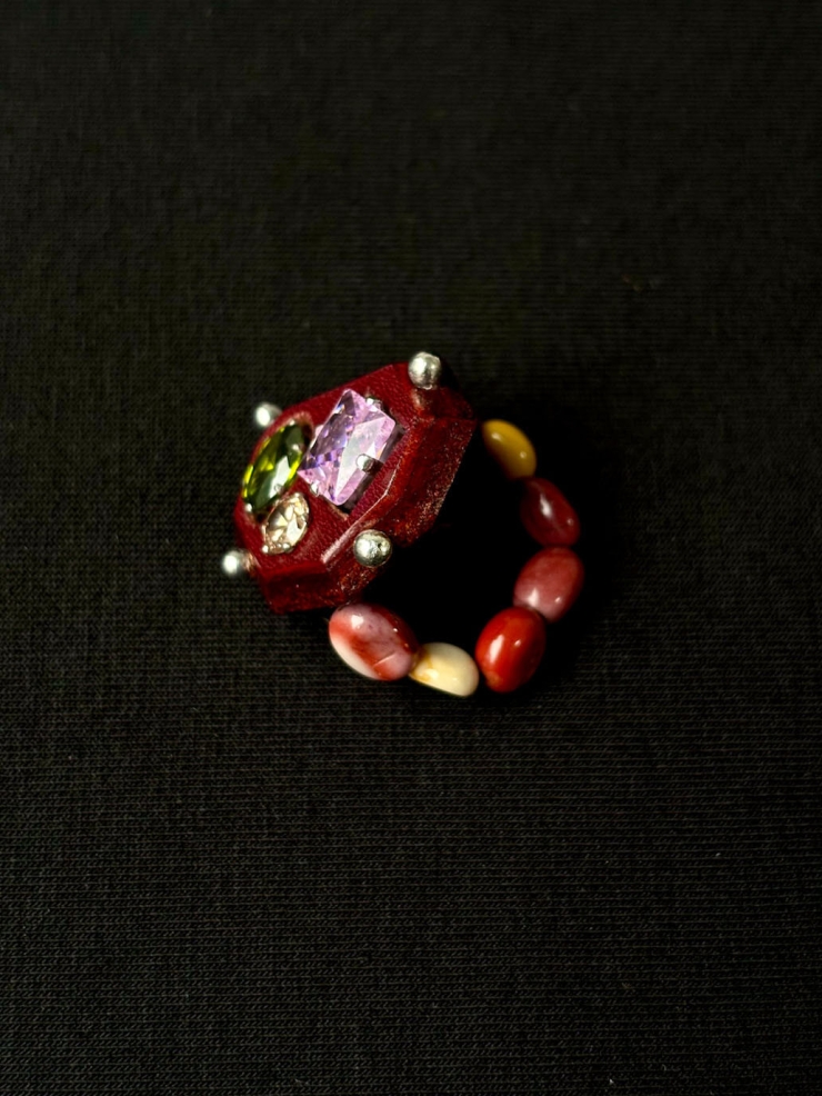 Red Handcrafted Faceted Leather Zircon & Silver Beaded Ring