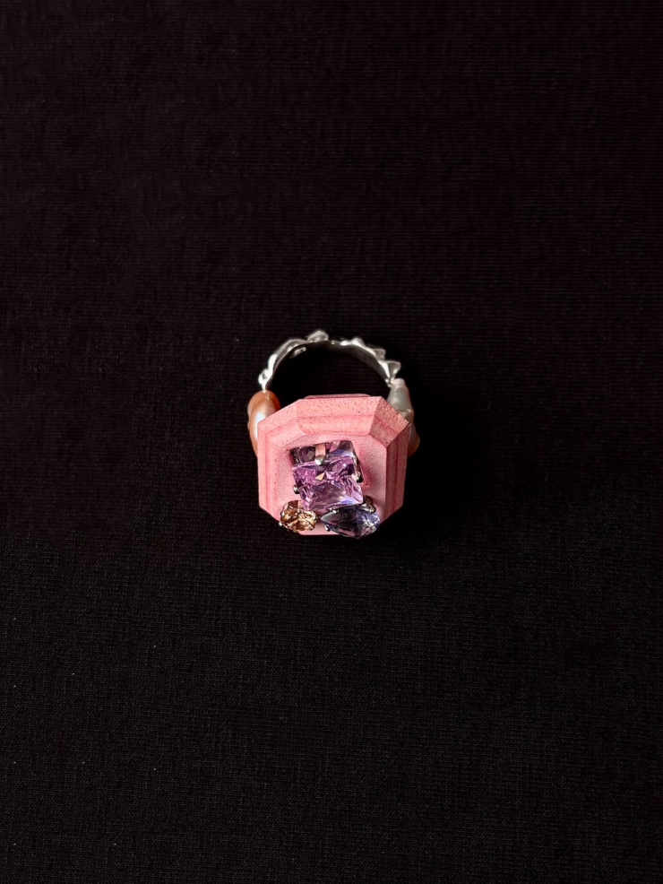 Pink Handcrafted Faceted Leather Zircon&Pearl Ring