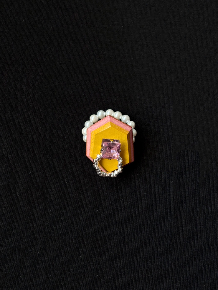 Yellow Handcrafted Faceted Leather Zircon & Pearl Ring