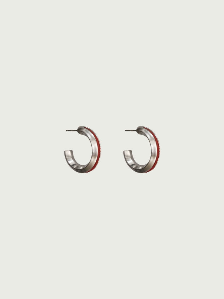 Silver Red Leather Line Inlaid Earrings