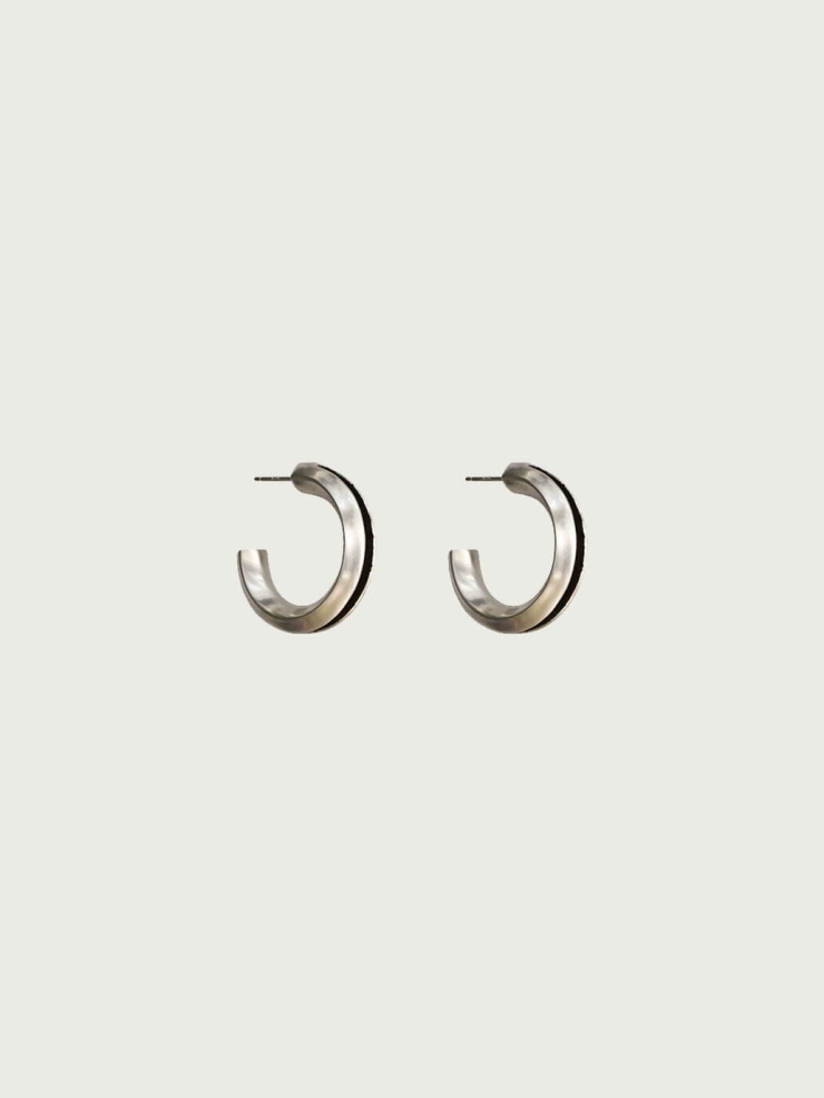 Silver Dark Brown Leather Line Inlaid Earrings