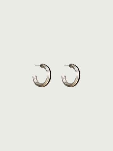 Silver Dark Brown Leather Line Inlaid Earrings