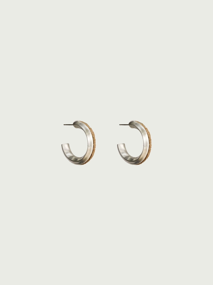 Silver Light Brown Leather Line Inlaid Earrings