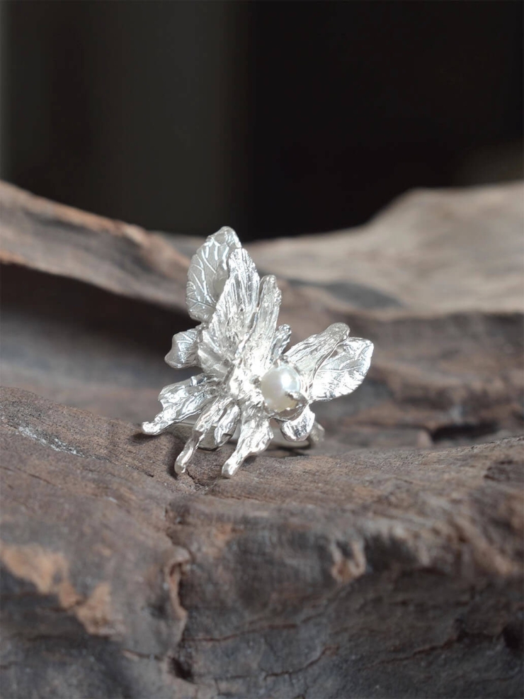 Silver Pearl Butterfly Ring