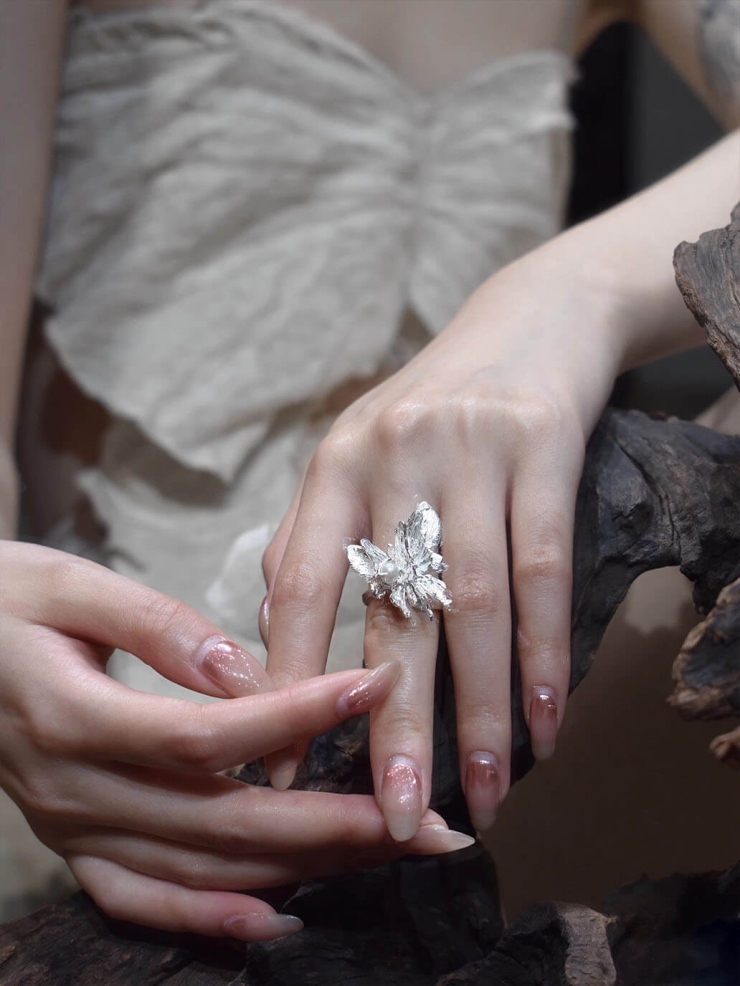 Silver Pearl Butterfly Ring