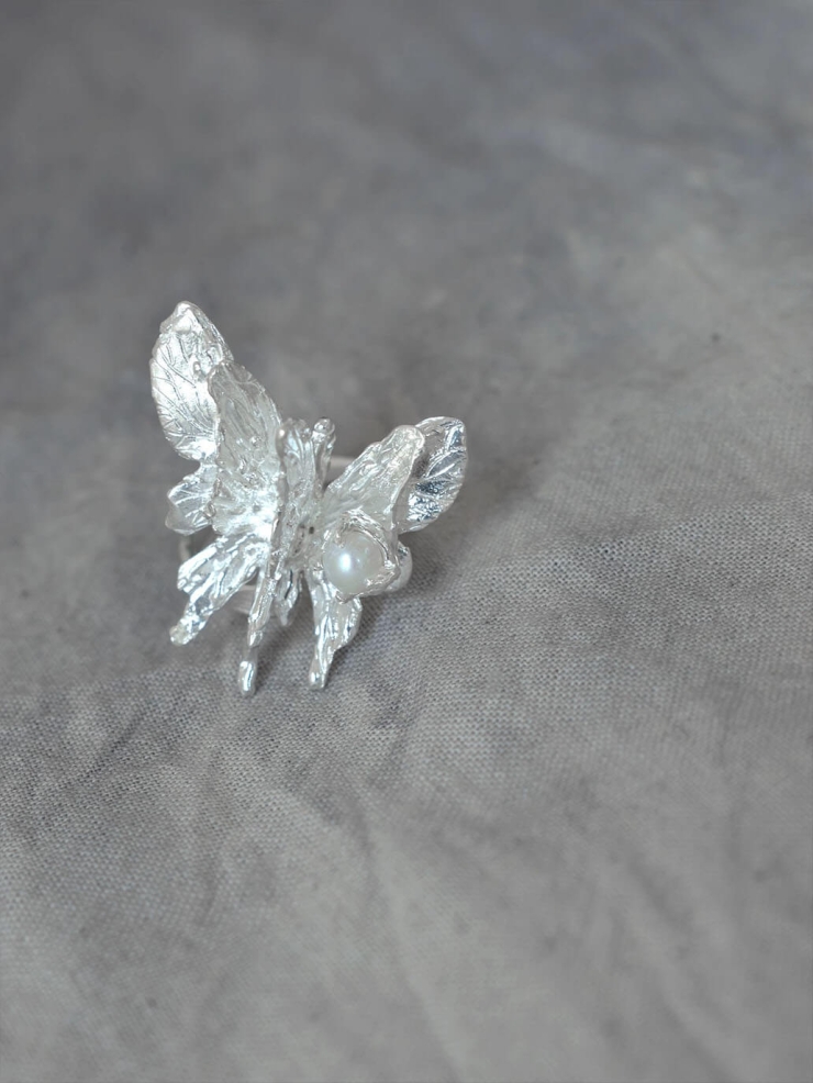 Silver Pearl Butterfly Ring