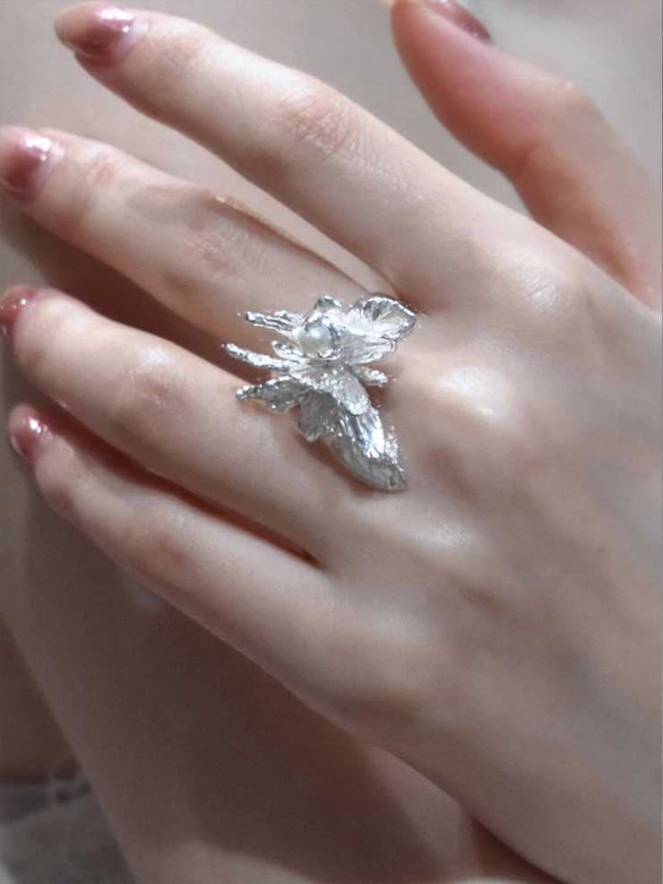 Silver Pearl Butterfly Ring