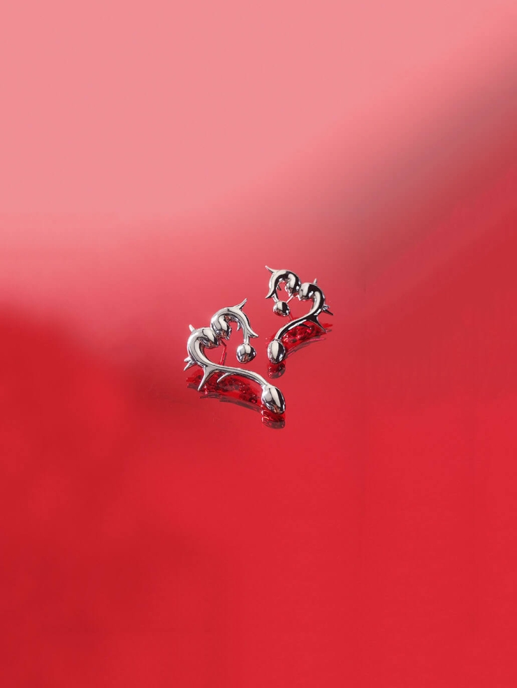 Silver Thorn Heart Earrings-Small