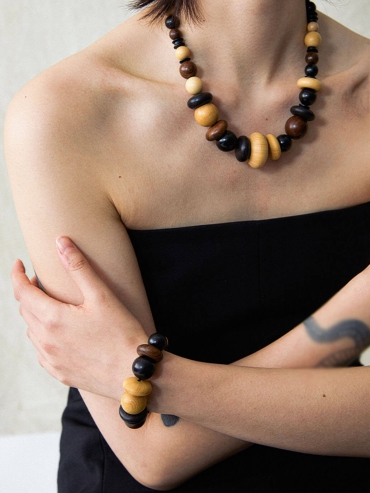 Blessed Fruit, Ebony Boxwood and Zebra Wood Carved Beaded Necklace