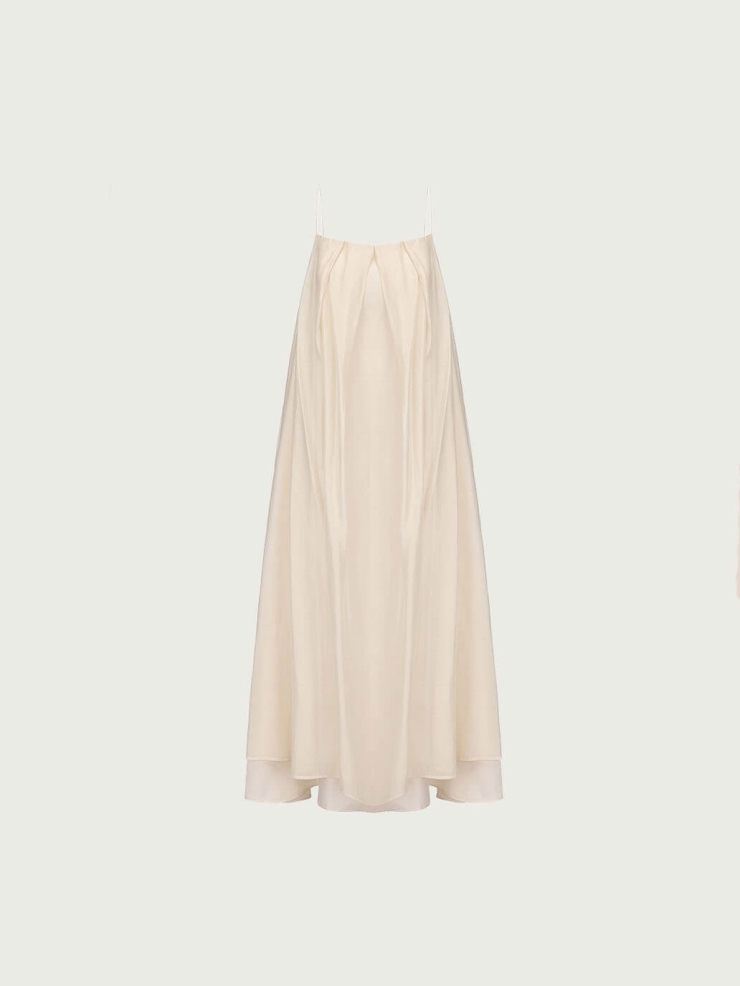 Beige Tencel Tulle Double Layered Strap Long Dress