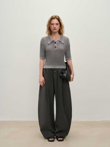 Grey Knit Short-Sleeve Textured Polo Top
