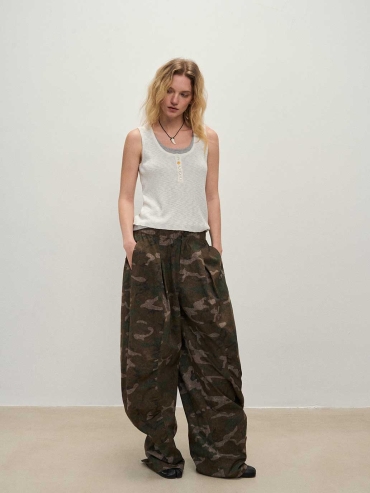 Camouflage Washed  Wide-Leg Cargo Pants