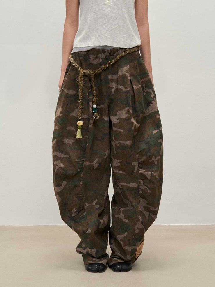 Camouflage Washed  Wide-Leg Cargo Pants