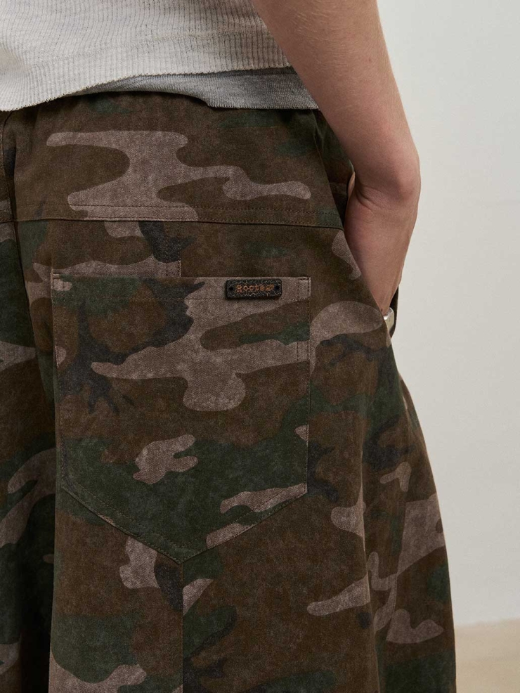 Camouflage Washed  Wide-Leg Cargo Pants