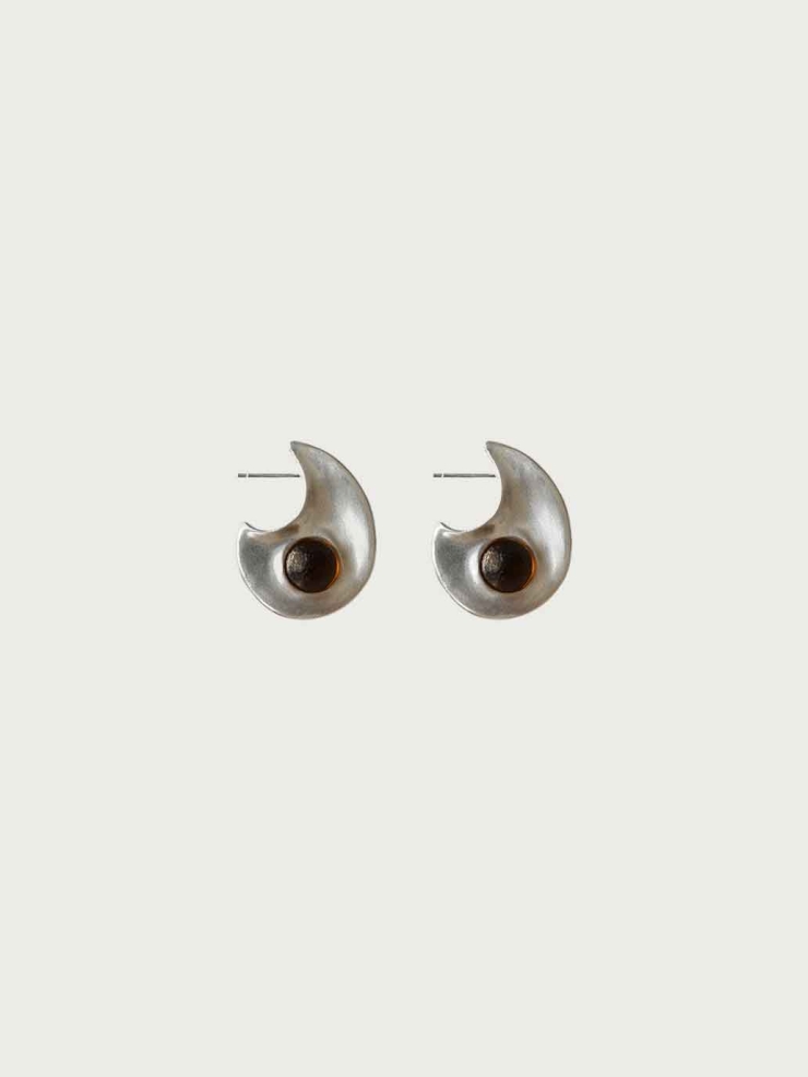 Silver Crescent Flow Earrings With Gem-Small