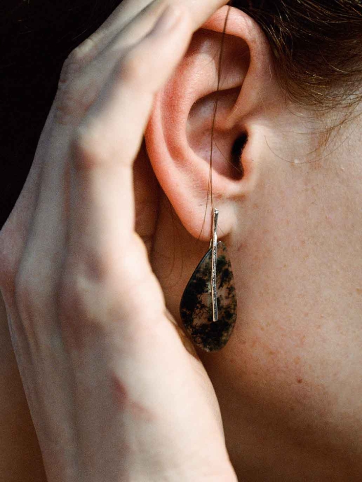 Silver Small Leaf Earrings with Moss Agate