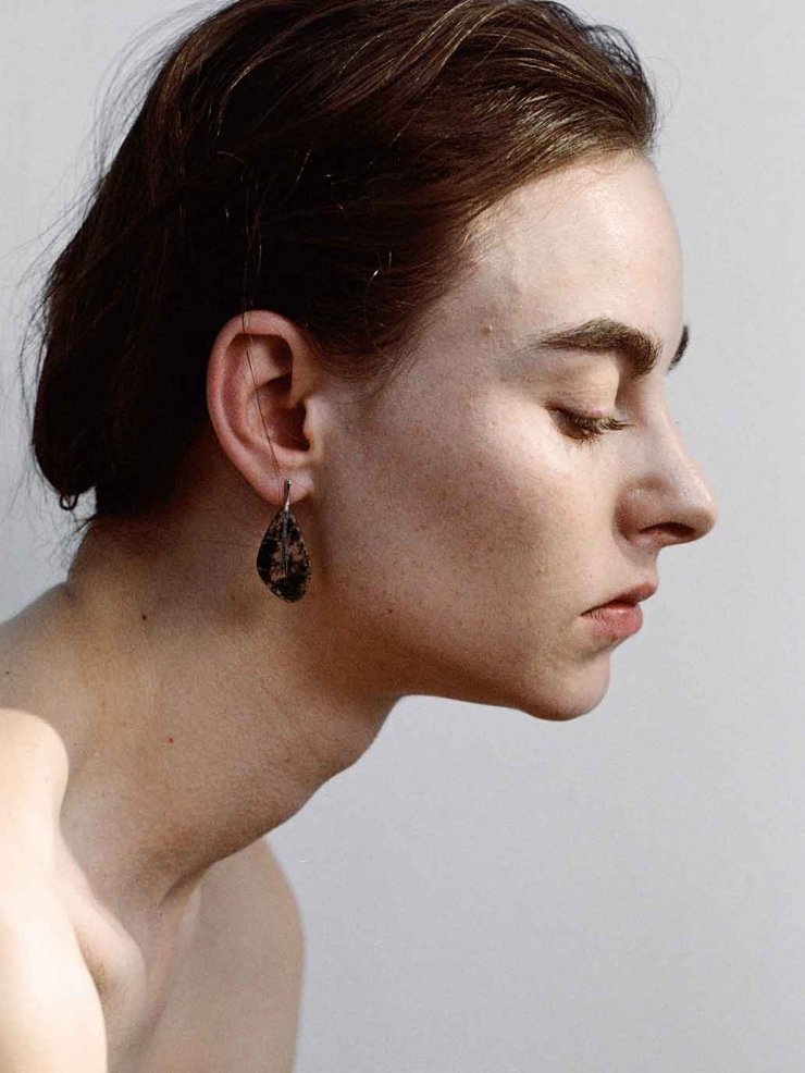 Silver Small Leaf Earrings with Moss Agate