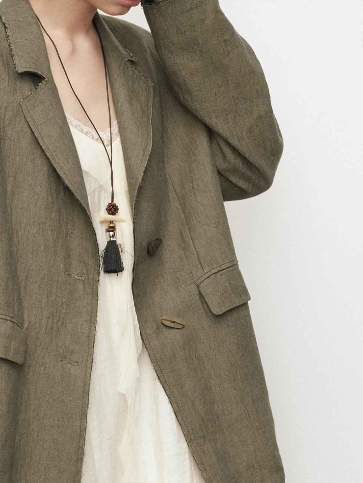 Green Linen Wide-Shoulder Horn-Button Blazer