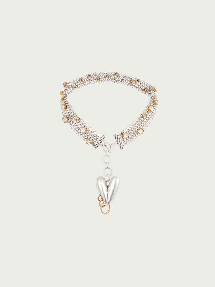Vintage Silver Mesh Diamond Heart Choker