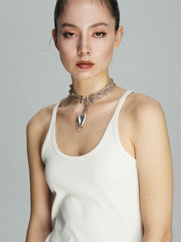 Vintage Silver Mesh Diamond Heart Choker