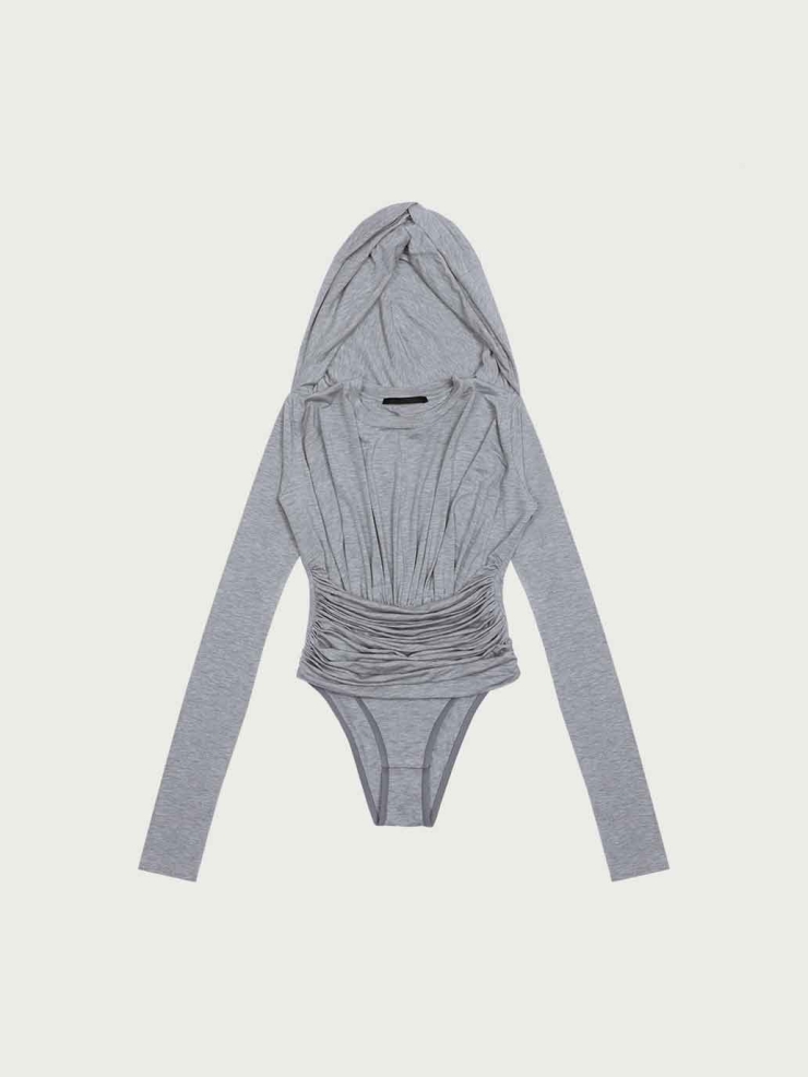 Grey Long Sleeve Crinkled Hooded Bodysuit