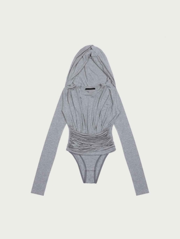 Grey Long Sleeve Crinkled Hooded Bodysuit