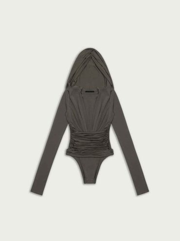 Olive Long Sleeve Crinkled Hooded Bodysuit