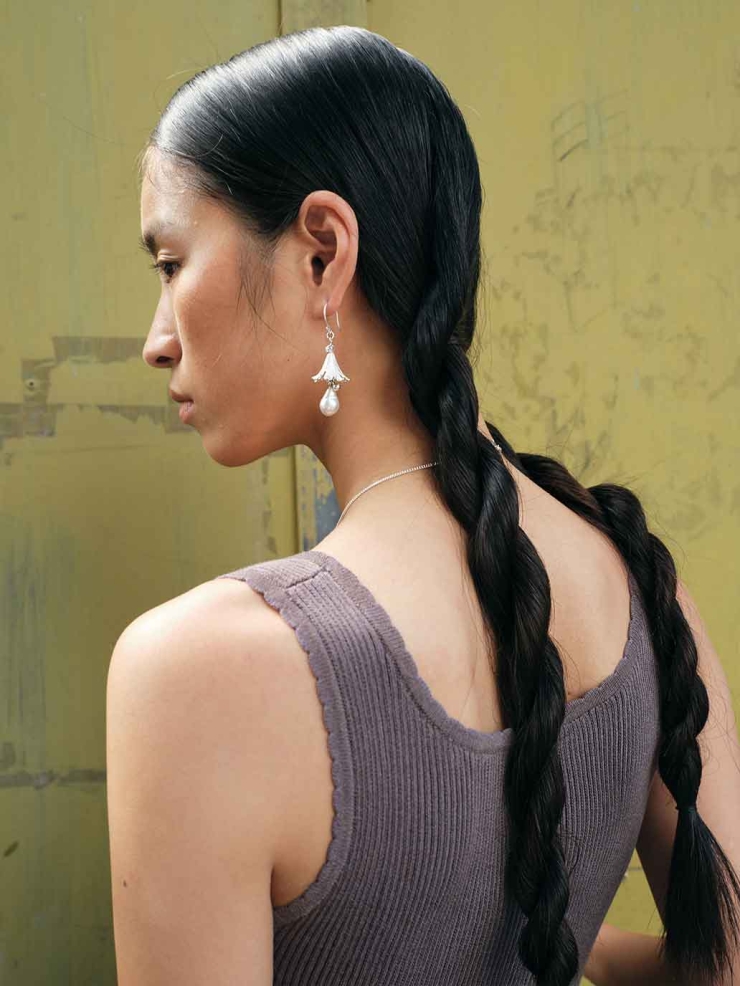 Silver Hibiscus Pearl Hook Earrings